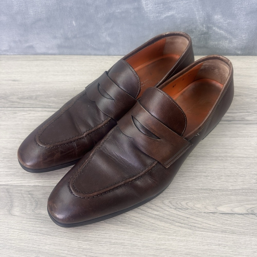 Santoni 8087 Penny Loafers Men's 11 D Brown Leather Made in Italy